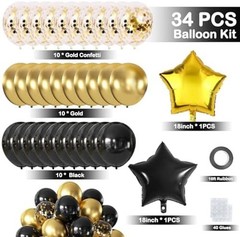 Gold Black Birthday Decorations, Happy Birthday Banner, Backdrop, Balloons, H…