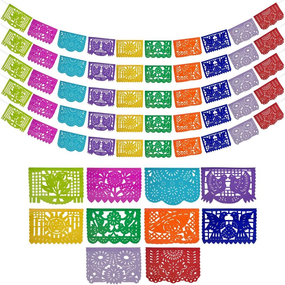 Mexican Party Banners (5 Pack – 10 Tissue Paper Flag Designs per Banner/NOT P…