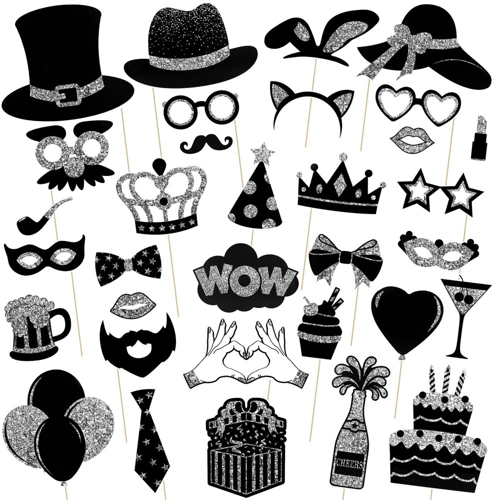 36 PCS Silver Black Photo Booth Props New Years Eve 2026 Party Anniversary
