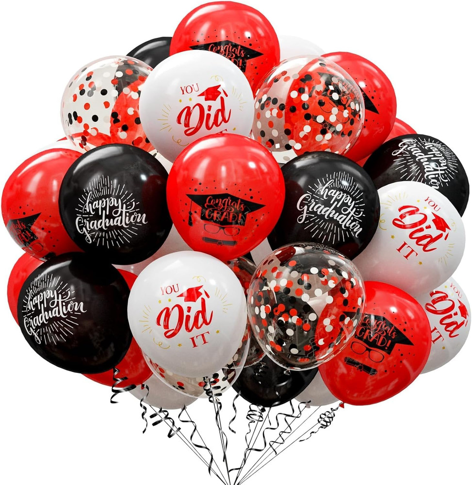 75 Pack Graduation Party Decorations Balloons Set – 12 Inch Black Red Confetti G