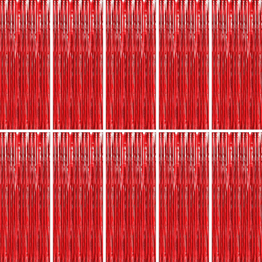 10 Pack Red Foil Fringe Curtain, Metallic Photo Booth Backdrop Tinsel Door Curta