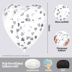 Silver Heart Confetti Balloons 30 Pcs, 12 Inch Clear Heart Latex Balloon with He