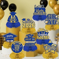 12Pcs Blue and Gold Graduation Decorations 2026 Honeycomb Centerpieces