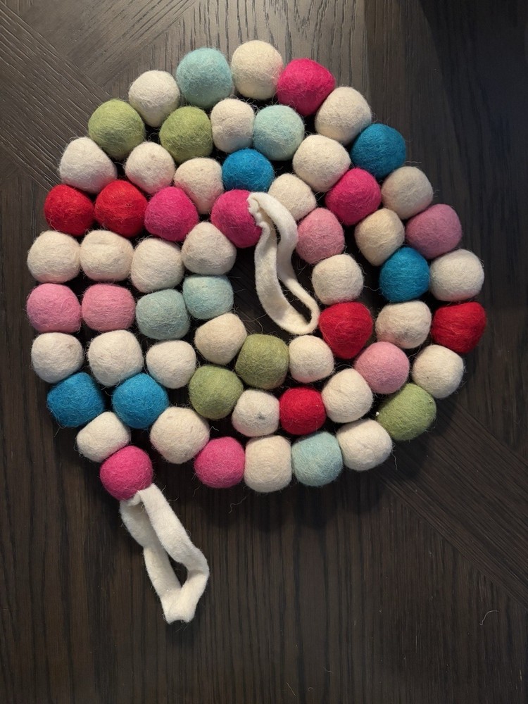 Felted Wool Pom Pom Garland Mini Ball 1”- 6 feet Christmas Holiday Multi-Colored
