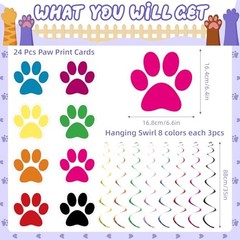 24 Pcs Dog Paw Prints Themed Party Hanging Swirl 8 Colors Puppy Multicolor