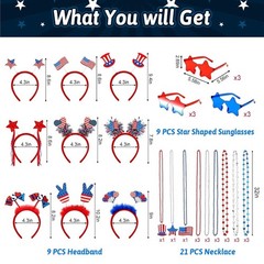 39 PCS Fourth of July Accessories Set – Patriotic Headbands, Glasses & Necklaces