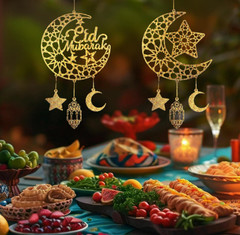 Ramadan Decorations, Eid Mubarak Moon & Star Wooden Hanging Decorations