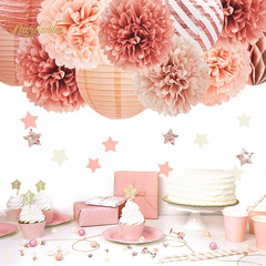 Rose Gold Party Decorations – 12PCS Pom Poms, Lanterns & Confetti Set