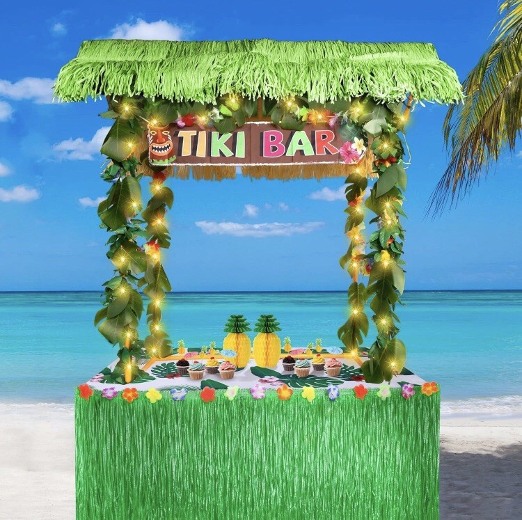 124PCS Tiki Bar Hut Kit Portable Outdoor Decor Grass Table Cupcake Topper Leaves