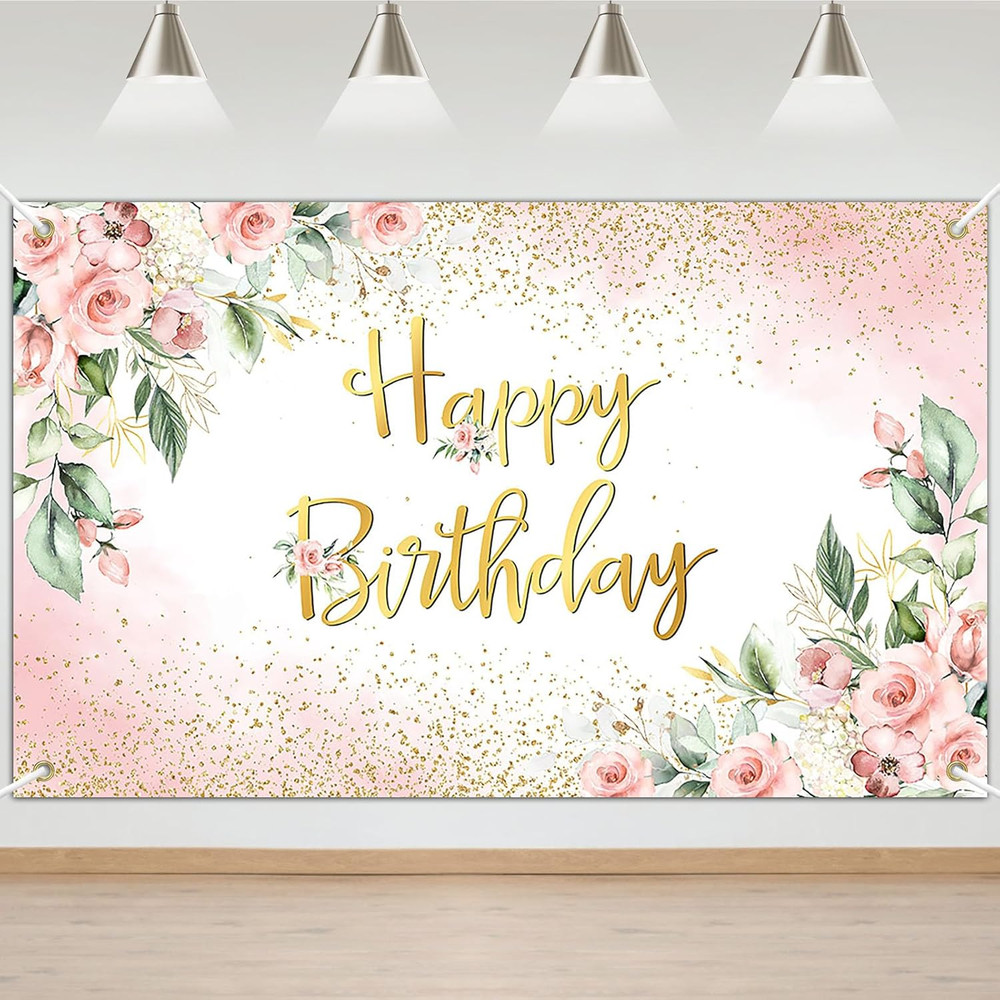 Avezano Rose Gold Birthday Backdrop for Women Pink Floral Golden Flash Happy Bir