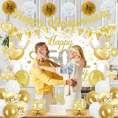 50Th Anniversary Decorations for Couple, White Gold Cheers to 50 Years Wedding P