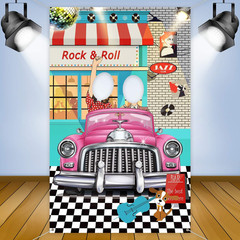 50s Rock and Roll Party Backdrop Pink Car Banner 5.3×3.3ft Photo Booth Decor XXL