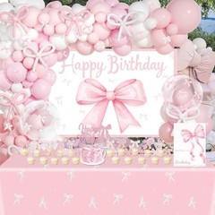 Pink Bow Birthday Decorations Set – 227 Pcs Coquette Party Supplies, Backdrop, C