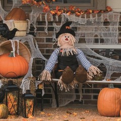 Large Stuffable Scarecrow in Witch Hat Fall / Halloween Porch Sitter 40″H #147