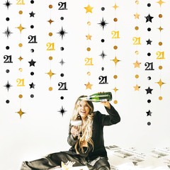 Black Gold 21St Birthday Decorations Number 21 Circle Dot Twinkle Star Garland H