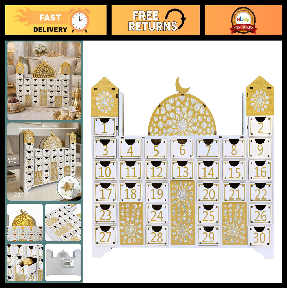 Ramadan Countdown Calendar – Wooden Mosque Advent Decor, Eid Gifts & Decorations