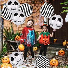 6 Pcs Black & White Foil Striped Balloons Skeletons Skull Halloween Decorations