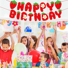 Strawberry Happy Birthday Banner, Strawberry Themed Birthday Party Decoration, B