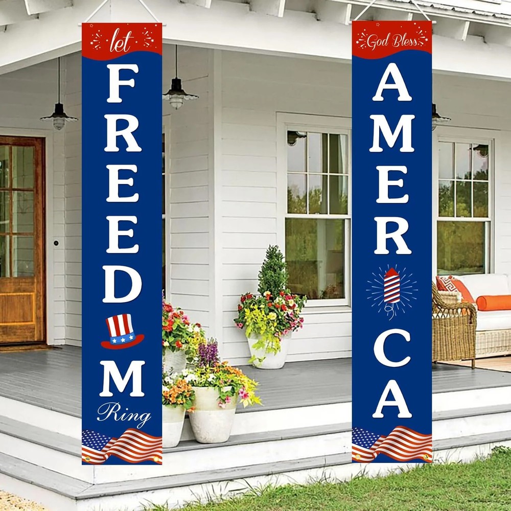 4th of July Decorations Hanging American Flag Banners Patriotic Outdoor Porch