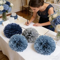 Navy Dusty Blue and Gray Hanging Flowers Tissue Pom Poms Party Decorations Wa…