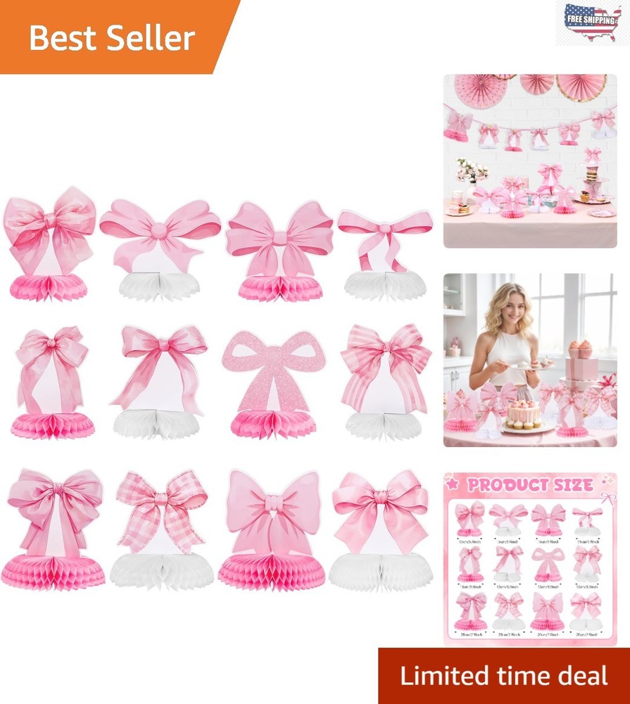 Elegant Pink Bow Honeycomb Centerpieces – 12 Pcs for Birthday & Bridal Events