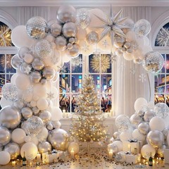 Disco Party Balloon Garland Arch Kit 134 Pcs Metallic Silver Matte White Conf…