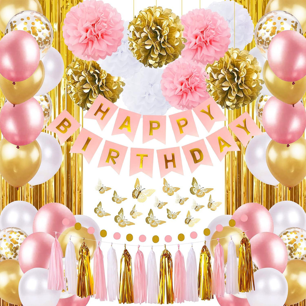 Pink Gold Birthday Party Decorations Women Banner Butterflies Balloons Curtain