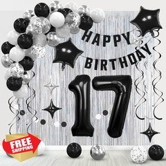 Ashmole 17th Birthday Banner Balloons Arch Kit Black Silvery