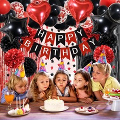 Red Black Birthday Party Decorations, Happy Birthday Banner Pompoms Balloon A…