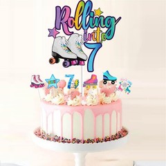7Pcs Rolling into 7 Cake Toppers Set, Roller Skate, 7th Birthday, Retro, Girl