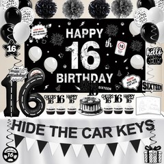 Happy 16th Birthday Decorations for Boys Girls, Black and Silver
