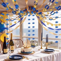 2026 Graduation Decorations – Blue & Gold Party Set, Cap Banner, Star Garland, S