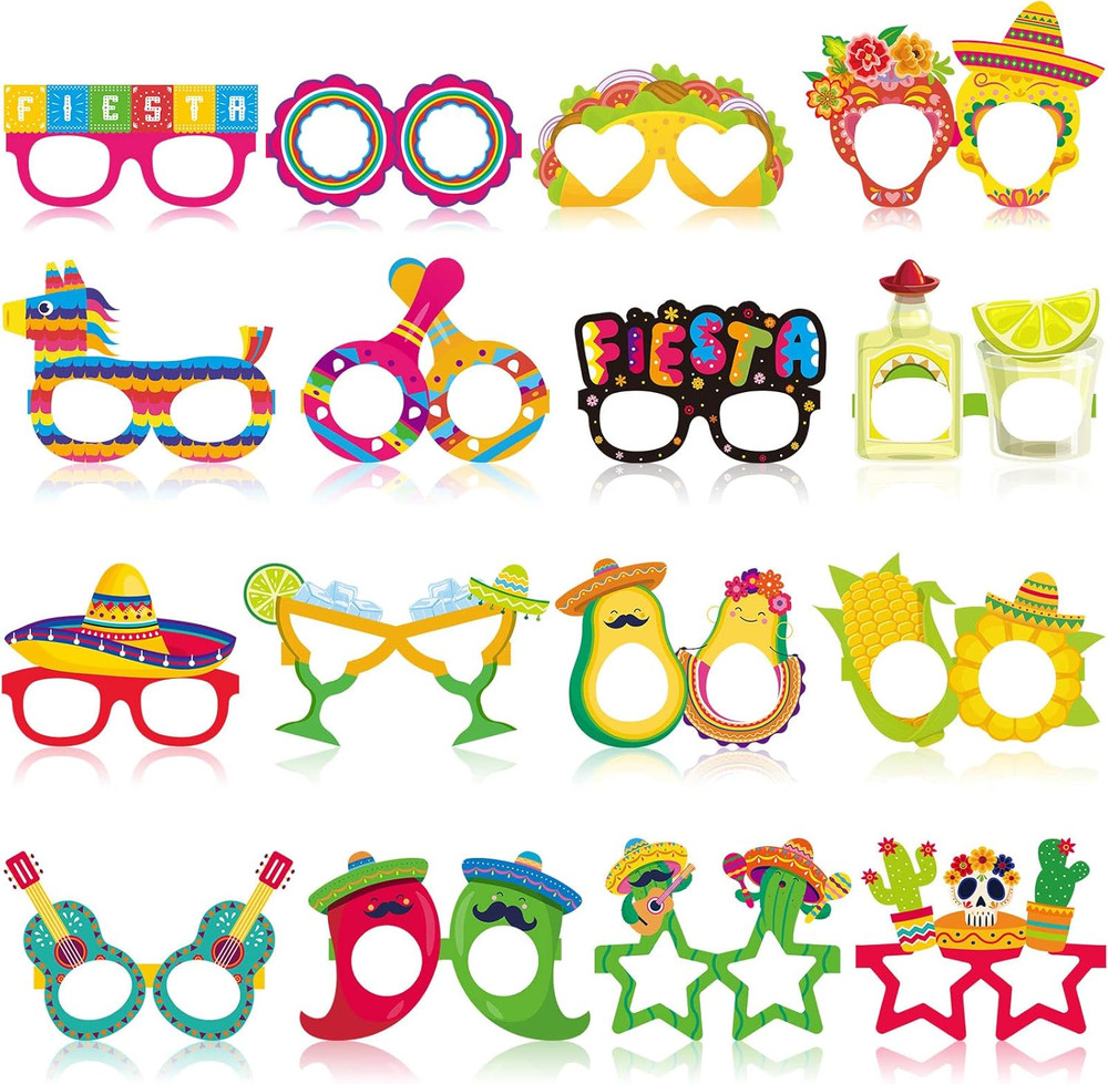 32 Pcs Mexican Fiesta Party Decorations Paper Eyeglasses Taco Cactus Pinata Cinc