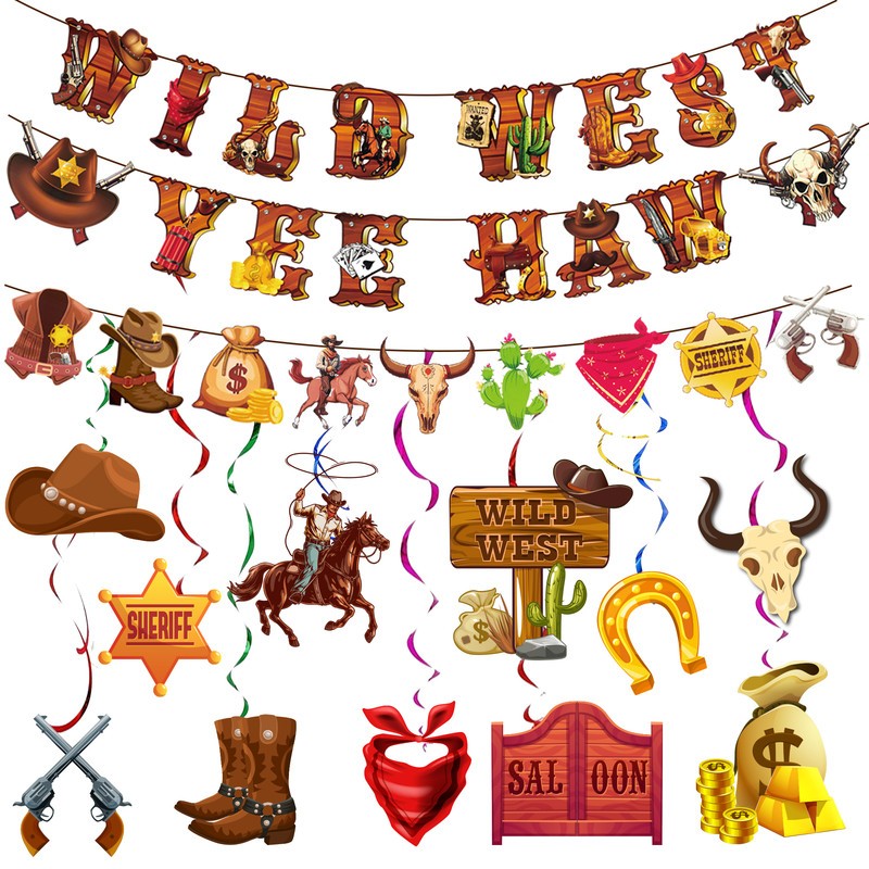 Western Cowboy Party Decorations, 13 Pcs Cowboy Wild West Hanging Swirls Banner