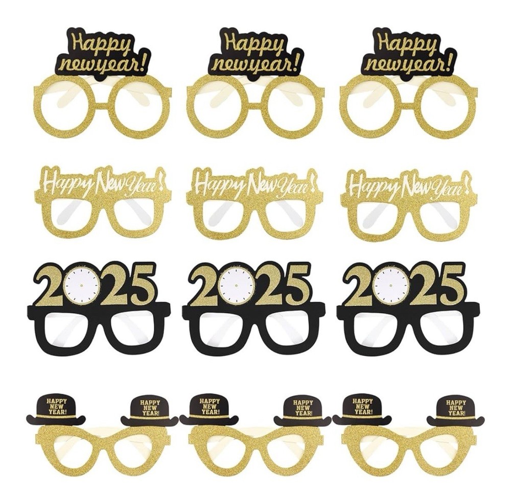 24 Pieces Happy New Year Eyeglasses Fancy Party Glasses for 2025 NYE Party Gold