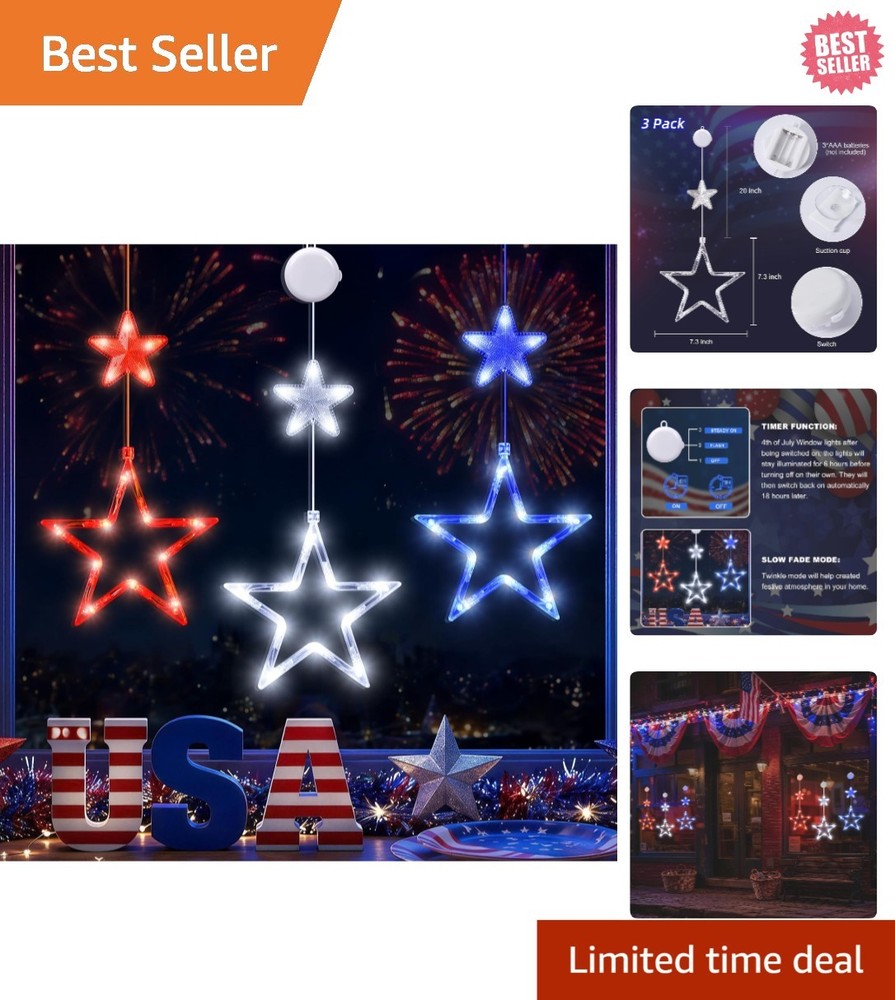 Battery Operated 4th of July Star String Lights – Red, White & Blue, 3 Pack