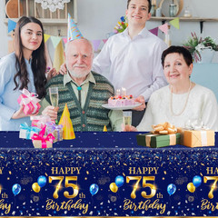 75th Birthday Decorations for Men – 3pcs Navy Blue and Gold Table Covers, Rectan