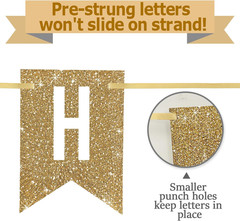 Pre-Strung Gold Happy Birthday Banner Decorations,12 Ft No DIY Gold Glitter Birt
