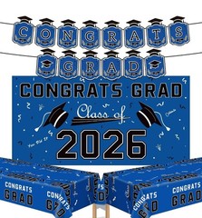 Graduation Decorations 2026 – Blue Congrats Grad Banner Backdrop Tablecloth Set