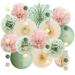 Sage Green and Blush Pink Party Decorations Lanterns Sage Green Cream Fans Li…