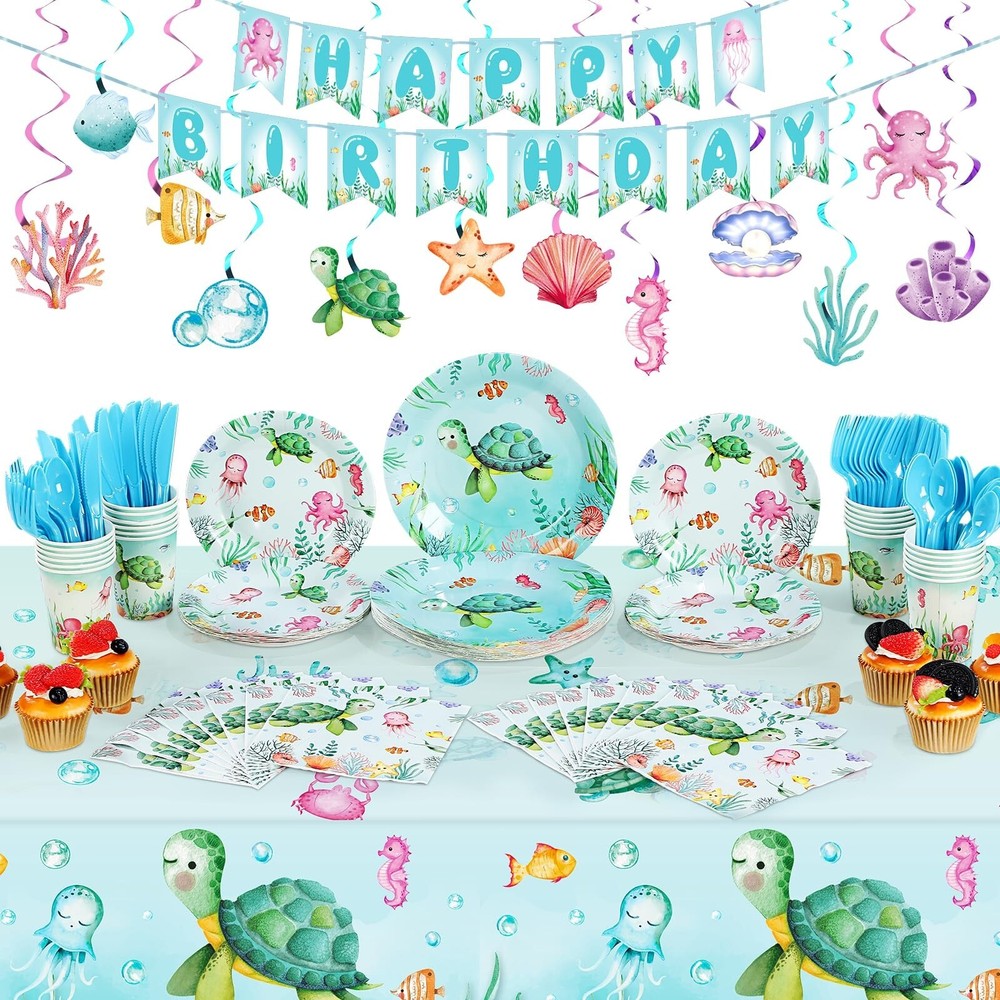 Libima 189 Pcs Sea Turtle Birthday Decorations Ocean Sea Party Tableware Turt…