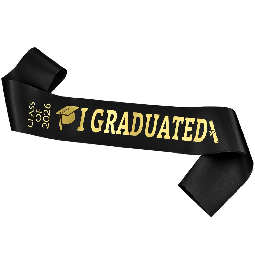 2026 Black Graduation Satin Sash Gold Glitter I Graduated Party Decor Supplies