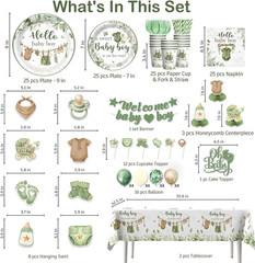 Xynic 201PCS Greenery Baby Shower Decorations Boy Tableware Set, 25 Serves Dispo