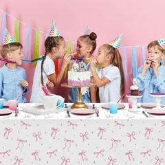 2Pcs Coquette Party Tablecloths Decorations,Pink and White Bow Plastic Table