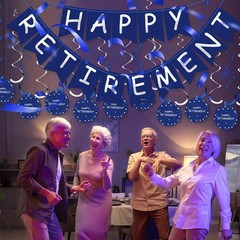 Retirement Party Decorations Blue Silver Happy Retirement Banner Swirls Kit