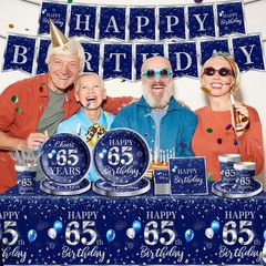 142 Pcs 65th Birthday Tableware Set Decorations Sliver and Blue 65th Happy Bi