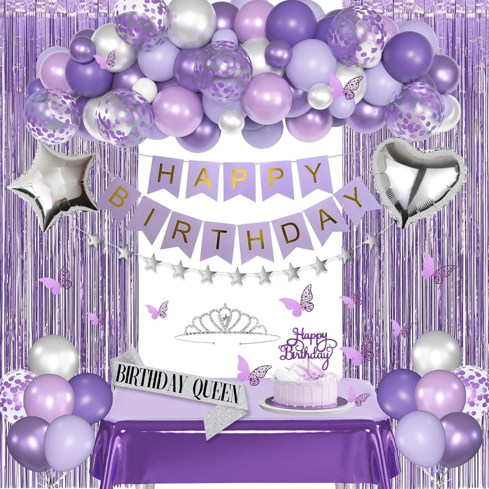 Purple Birthday Decorations for Women Girls Lavender Purple Silver Foil Ballo…