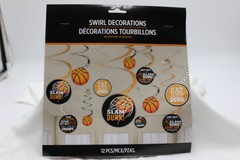 12 Pieces Basketball Swirls Hanging Party Black, Orange, White C109CH