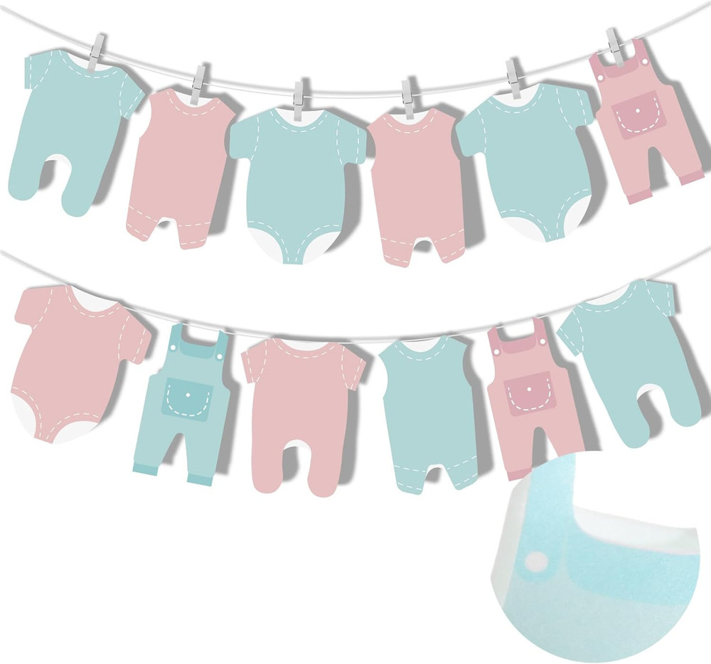Pink and Blue Neutral Baby Shower Banner Decorations 12 Pcs Felt Baby Clothes Bo