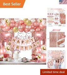 Elegant Rose Gold Birthday Party Set with Confetti Balloons & Fringe Curtains